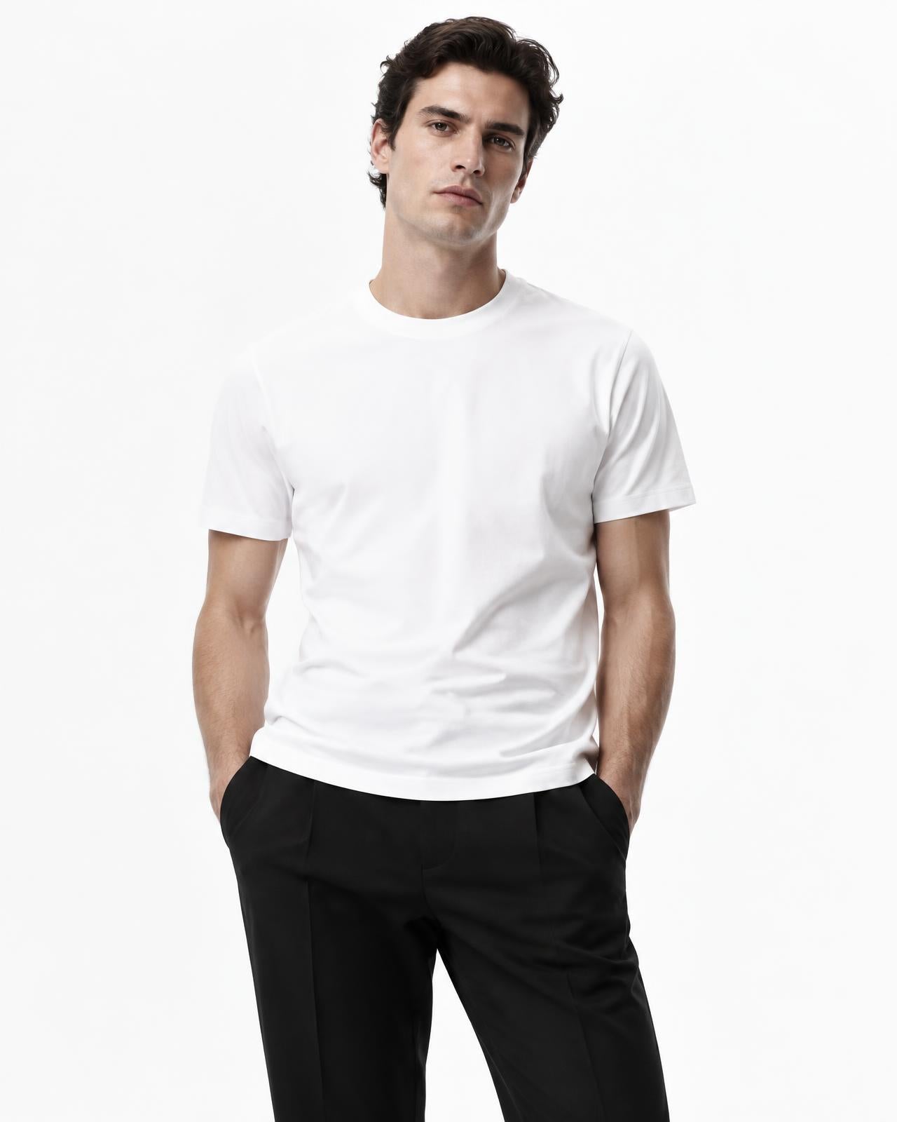 Model wearing the WHITEPLAIN white T-shirt